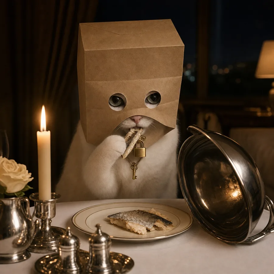 Padlocat at a room-service table, lifting the bag a tiny bit to eat the fish